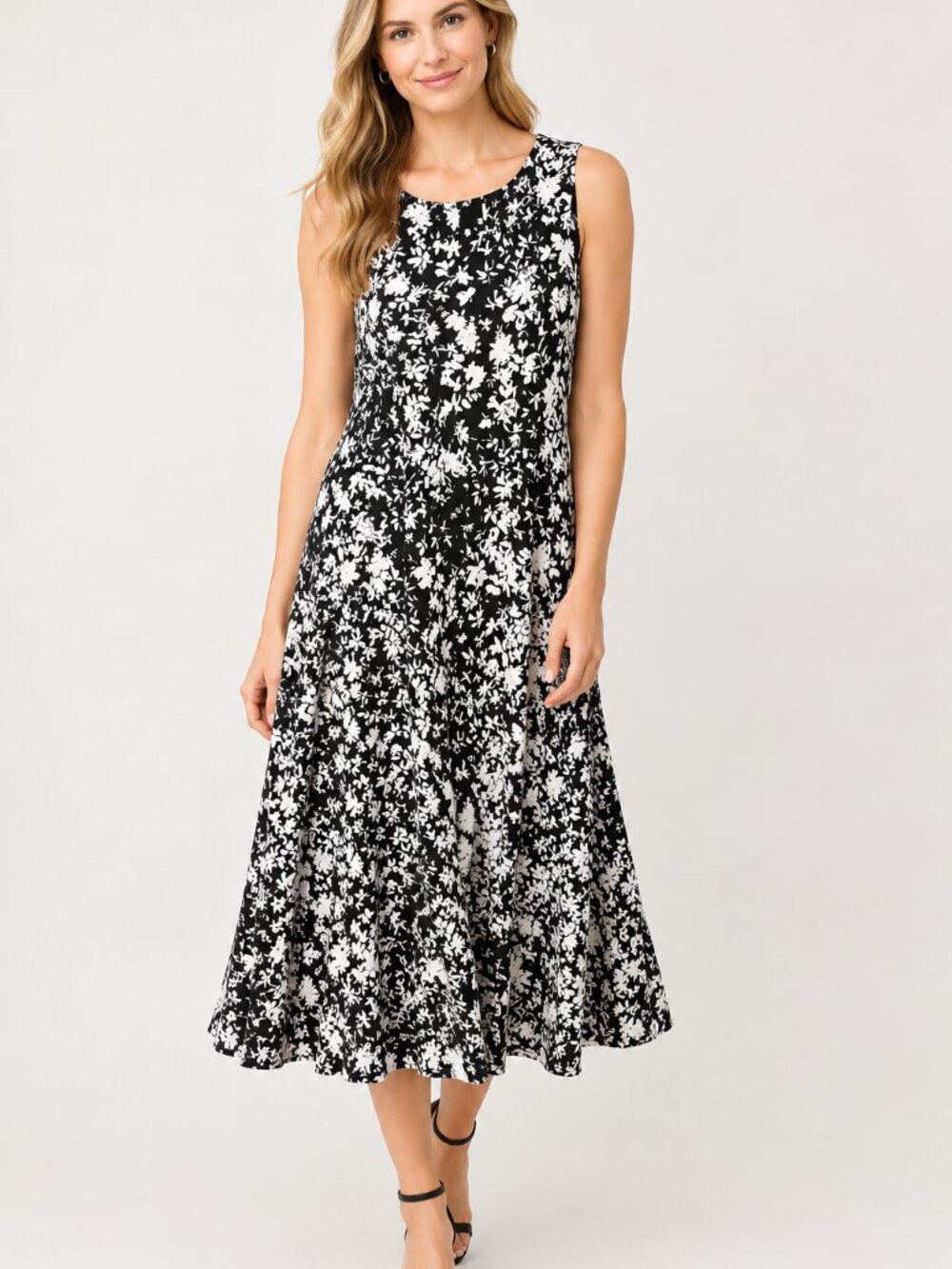 Anne Klein Black and White Floral A-Line Dress Size 10